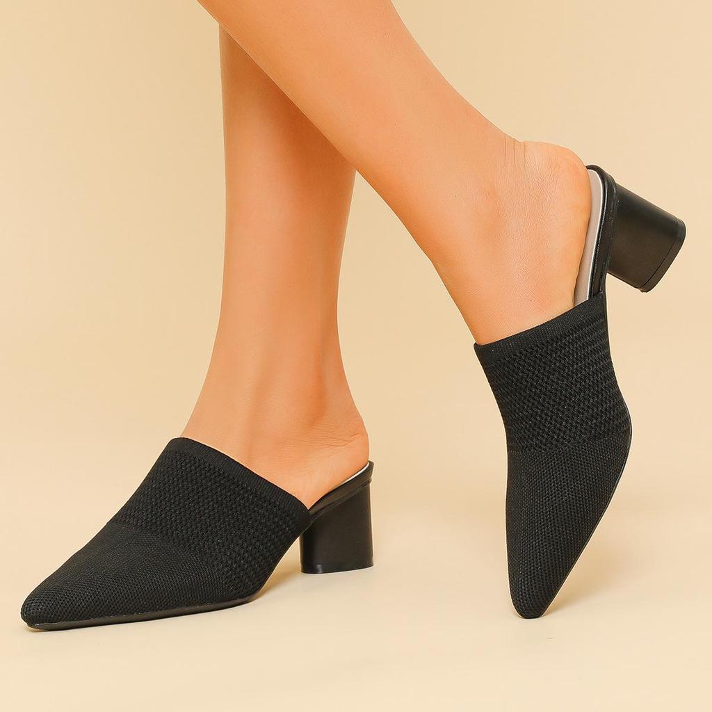 Damen Große Größe Frühling Spitzschuh Dicken Absätzen Sandalen Schuhe Casual Flyknit Blockabsatz Tiefe Öffnung Einfarbig Gestrickte Slipper Schuhe 34-43