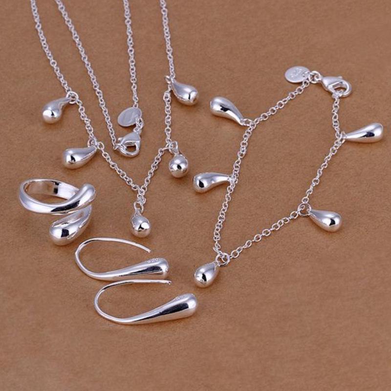 European & American Fashion Silver-Plated Jewelry Set: Exquisite Drop Bracelet, Necklace, Earrings, and Ring