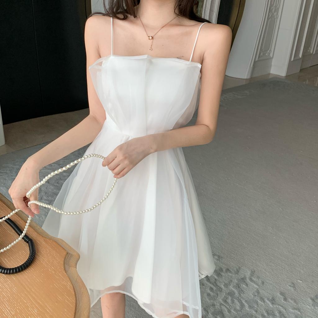 Sweet Fairy Halter Dress Short A-Line Skirt Waist-Cinching Slimming Elegance Korean Style Casual Spring Summer Women's Dress