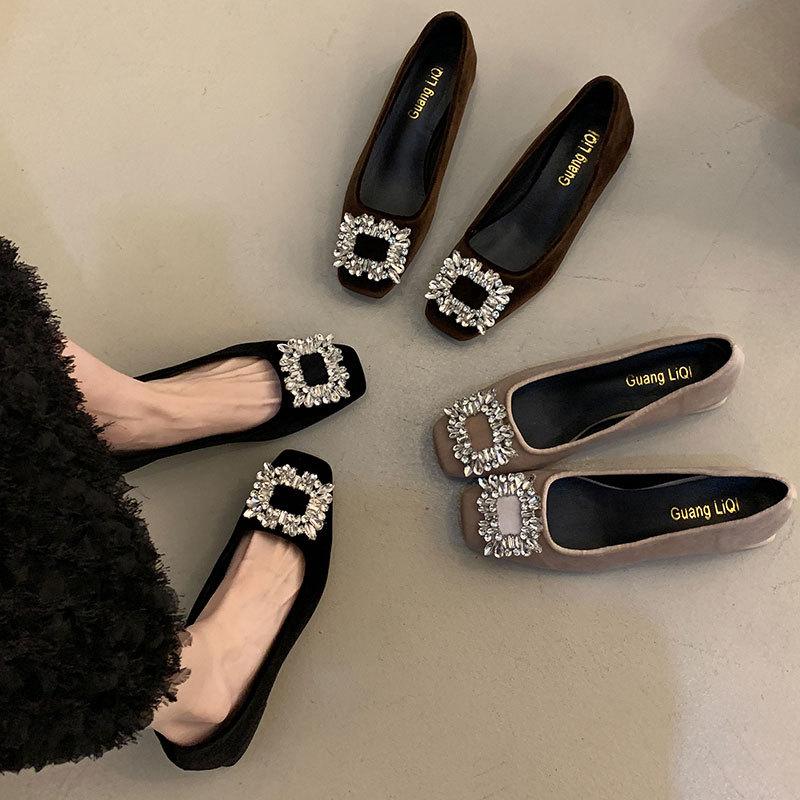 Coarse heel French rhinestone temperament single shoes women's shoes 2025 new spring and summer popular black square head commuter high heels