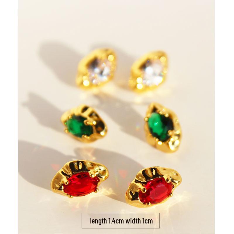 Exquisite Französische Vintage Ovale Ohrstecker mit Rubin-Falten und Smaragd-Zirkonia, Silberstift