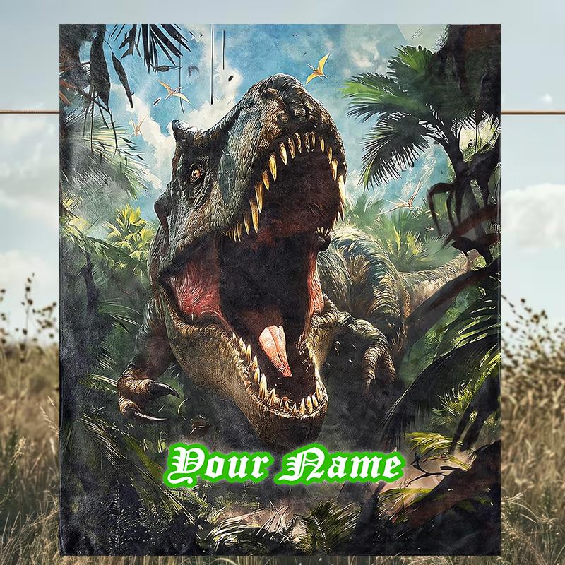 1PC Custom Name Dinosaur Adventure Wild outdooor Flannel blankets Patterns Throw Blanket All-Season Soft Gift for Couch, Bed, Camping gifts