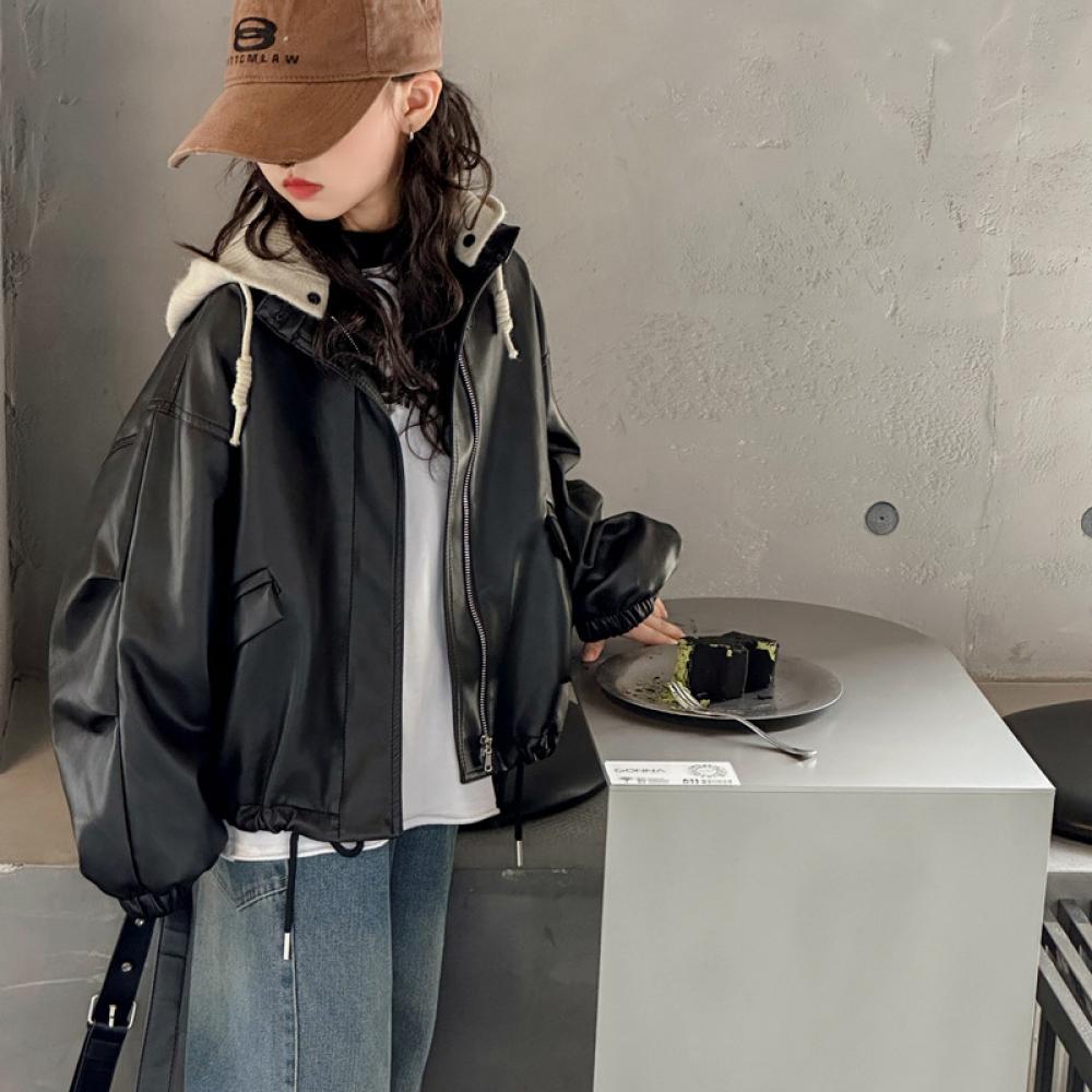 Winter And Girls Autumn Coat New Style Midlarge Childrens Western Style Loose Spring And Autumn Leather Jacket Girls Allmatch Hooded Biker Suit