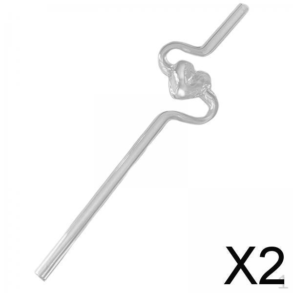 

2x Glass Drinking Straw Clear Straws with Heart Shaped Decor Long Birthday Gift Curved for