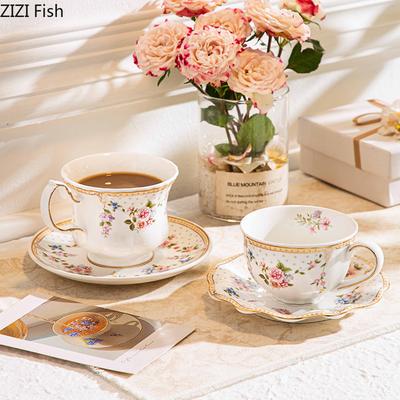 Gold Plated Edge Ceramic Cup&saucer Flower Pattern Mugs Dining Table Milk Coffee Mug Afternoon Tea Teacup Fruit Juice Container