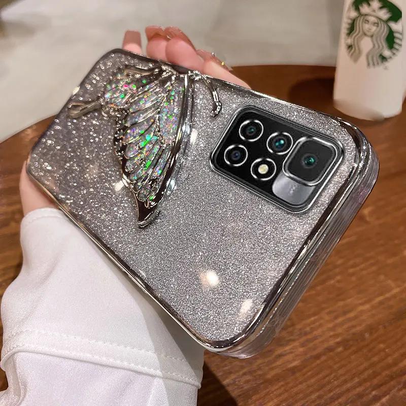

Чехол Redmi10 4G Роскошный чехол-глиттер с бабочкой и зыбучим песком для Xiaomi Redmi 10 10C Note10 9 11 8 pro Max 10s 9s Противоударная крышка Redmi note11pro серебряный