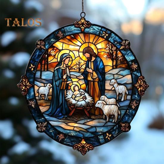 Weihnachtskrippe, handgefertigt, runder Sonnenfänger, Babys erstes Weihnachtsfest, christliches religiöses Geschenk für Baum, Fensterdekoration