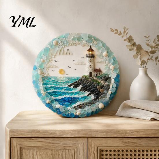 Housewarming Gift for Beach House Lighthouse Sea Glass Art Wall Ornament, Hand Assembled Shells And Tumbled Decorative Ornament Decor, Style