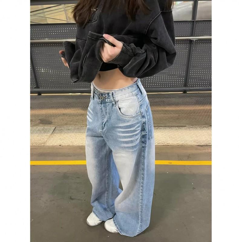 Damen Distressed Gewaschene Jeans Low Rise Hohe Taille Weiter Bein Gerader Schnitt Lockerer Sitz Hosen