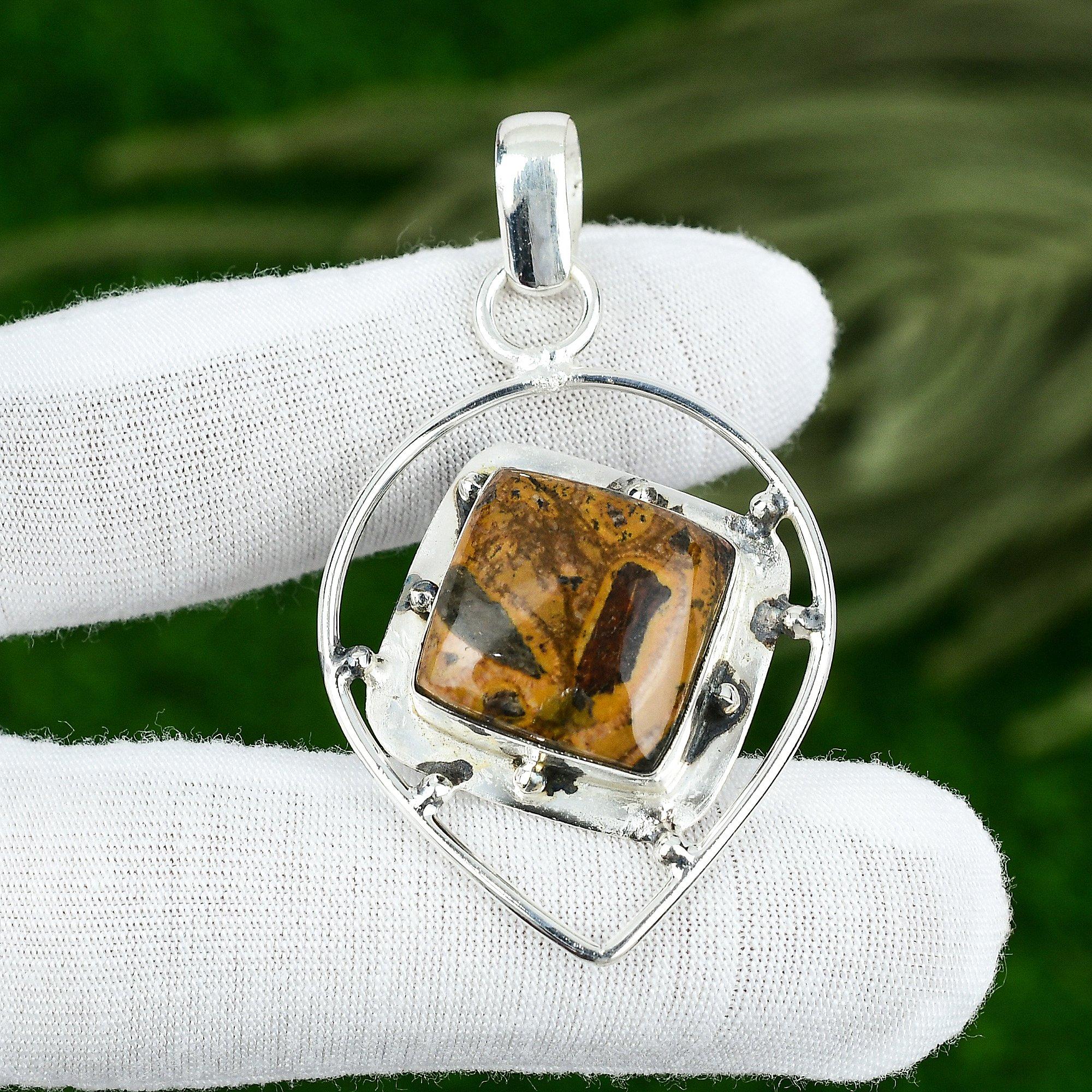 Square Bauxite Stone Sister Handcrafted Ethnic Bezel Pendant Jewelry 925 Silver