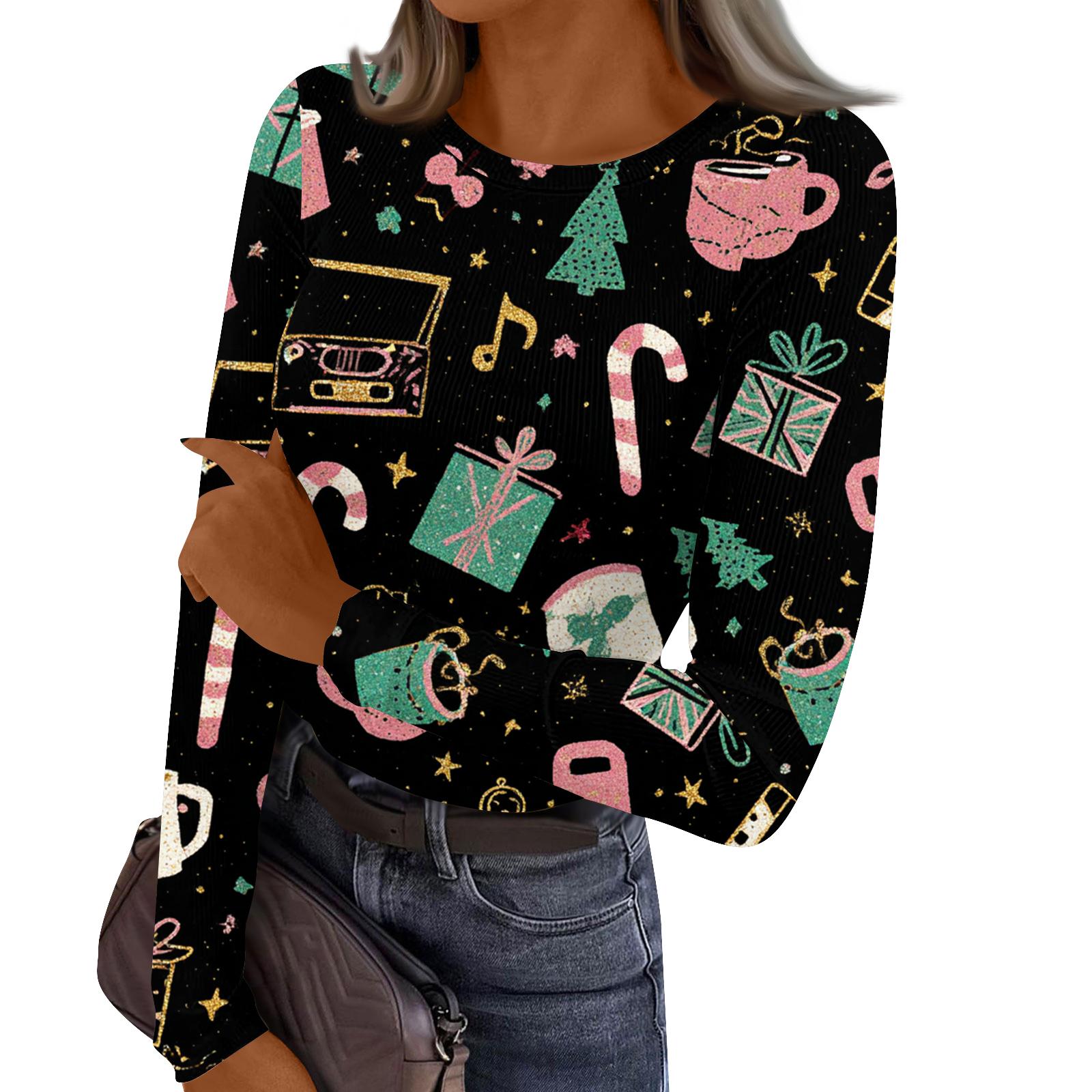

Женский повседневный модный топ с круглым вырезом, рождественским принтом и длинным рукавом в полоску S чёрный