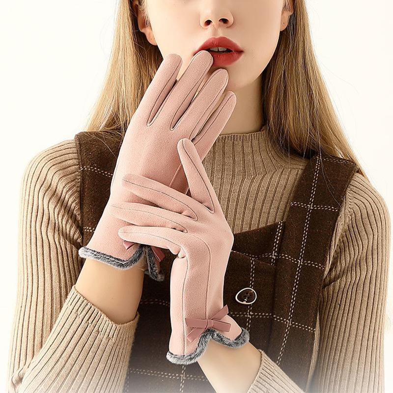 Bow Decor Fuzzy-Handschuhe, elastischer Plüsch, kältebeständig, Vollfinger-Handschuhe für Outdoor-Fahren, Radfahren, Angeln