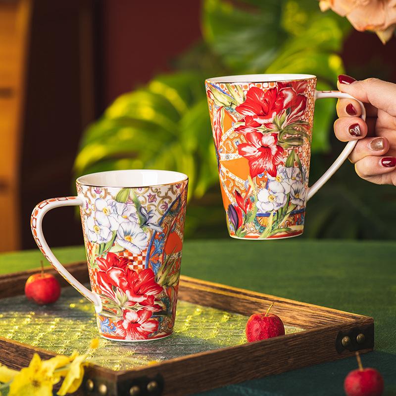Flowering Home Drinking Cup Ceramic Retro Breakfast Cup High Value Cup Large Capacity Coffee Cup
