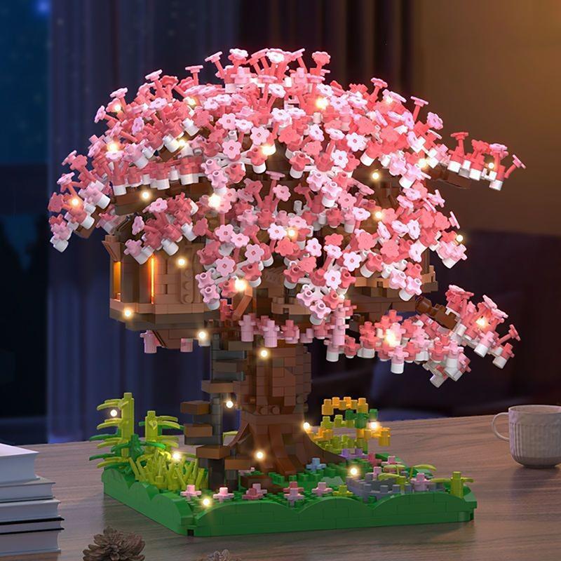 2008pcs DIY Discoloration Cherry Blossom Flower Pink Tree House Train Assembly Building Blocks Classic Model Bricks Sets Kid