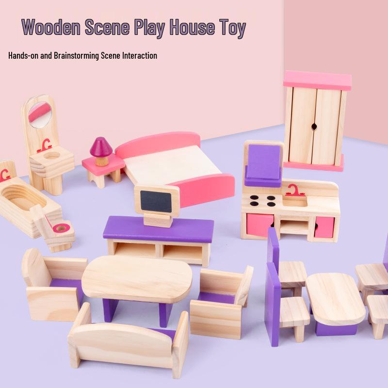 Wooden Doll Furniture Set: Mini Sofa, Cabinet, and Wardrobe for Child's Pretend Play