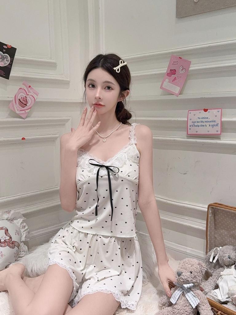 Sexy pajamas women's summer 1011 new ice silk pure desire wind suspender shorts set loungewear girl wind sweet sister