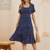 Summer Women Casual Dress Chiffon Medium Long A-Line Short Sleeve Square Collar Ruffles Dot Print Pattern Red Black Blue Green