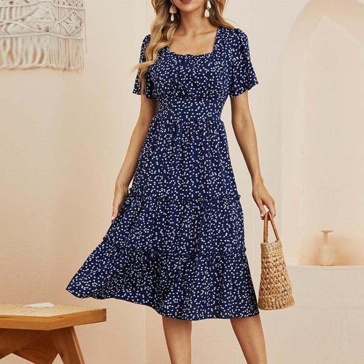 Summer Women Casual Dress Chiffon Medium Long A-Line Short Sleeve Square Collar Ruffles Dot Print Pattern Red Black Blue Green