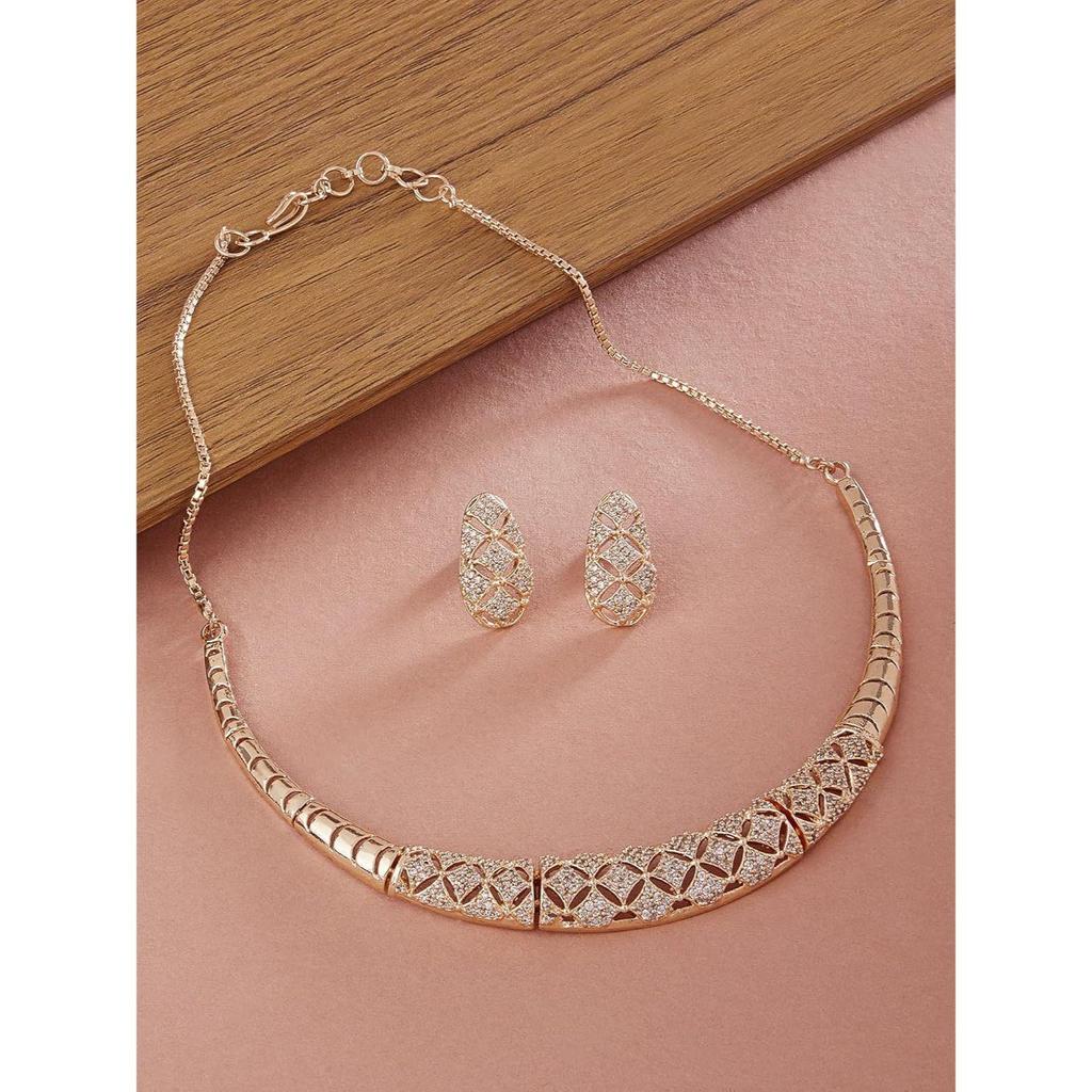 Rose Cubic Zirconia Party Bling Necklace & Earring Set For Women