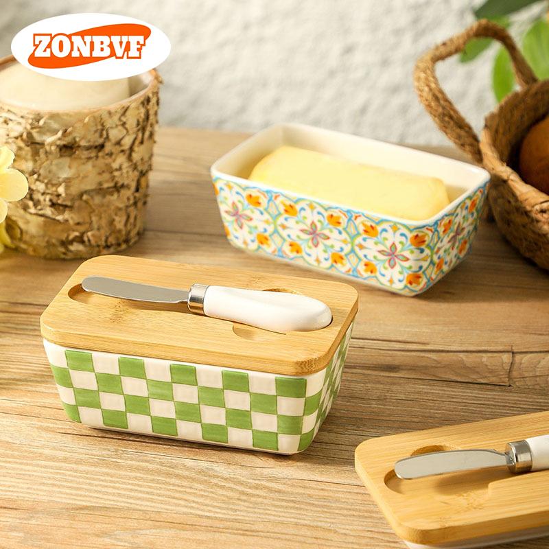 American Pastoral Style Ceramic Butter Container Box Restaurant Sealed Cheese Storage Box with Knife Bamboo Lid Butter Dish
