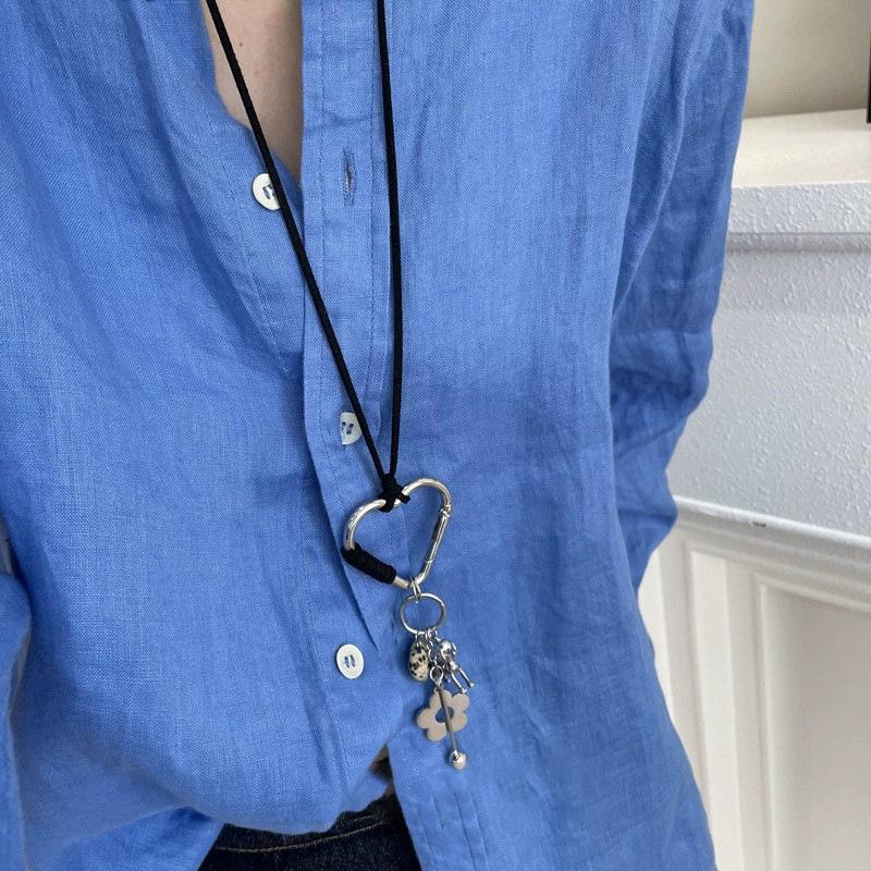Heart Flower Cotton Rope Necklace - Natural Stone Pendant, Sweater Chain, Light Luxury Design, Versatile Neckwear