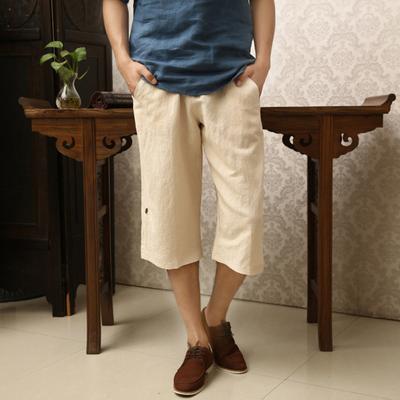 Men's Casual 45720 Pants Cotton Linen Solid Color Shorts with Pockets