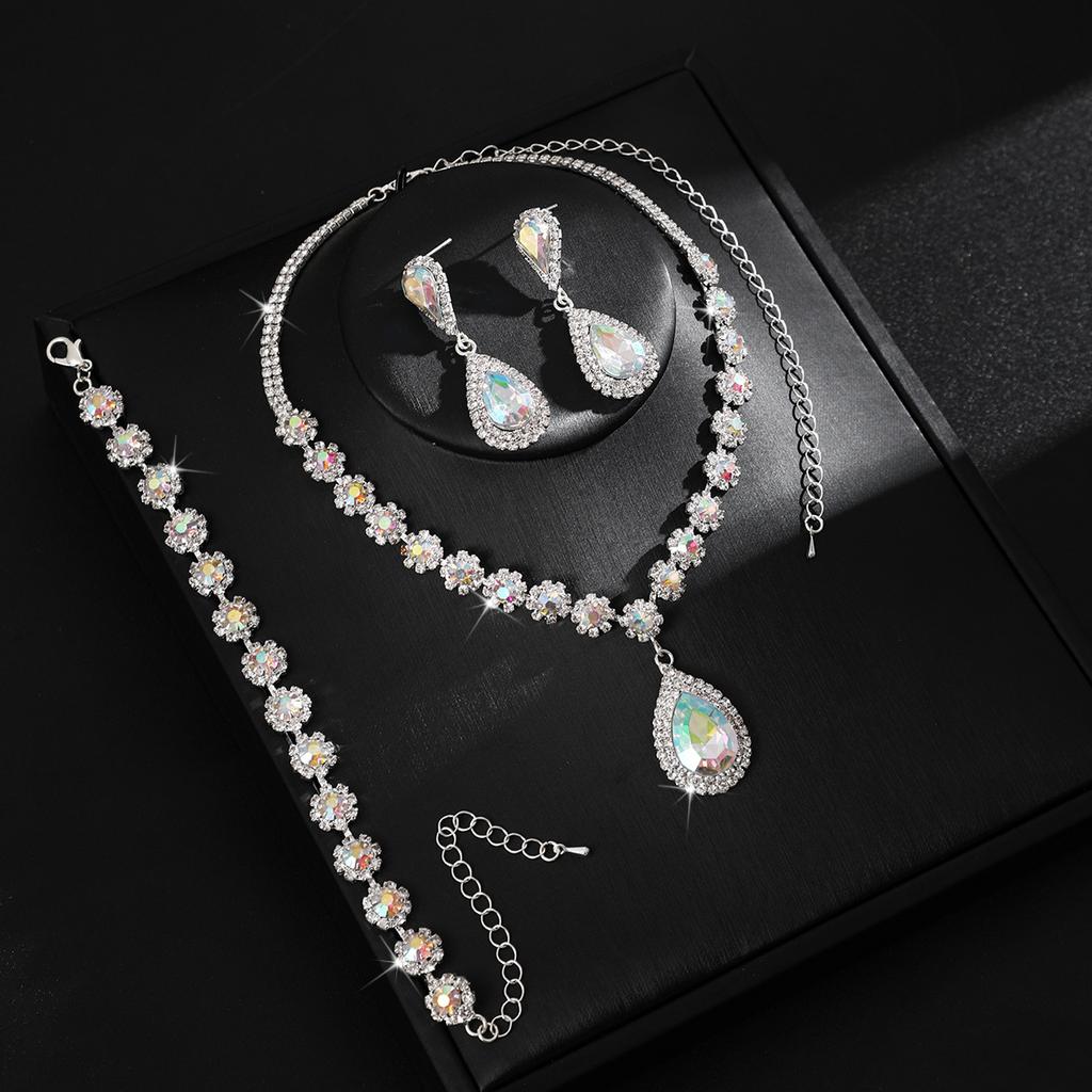 2026 Jewelry Necklace Earrings Bracelet Three-piece Full Diamond Flower Bridal Jewelry Set Dress Accessories
