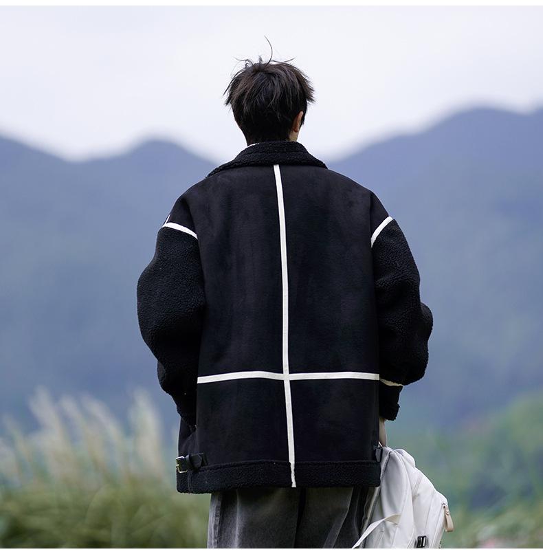 Men's Lambswool Fur-Lined Color Block Winter Jacket, Trendy American Brand, Plus Size, Thickened Cotton for Teens