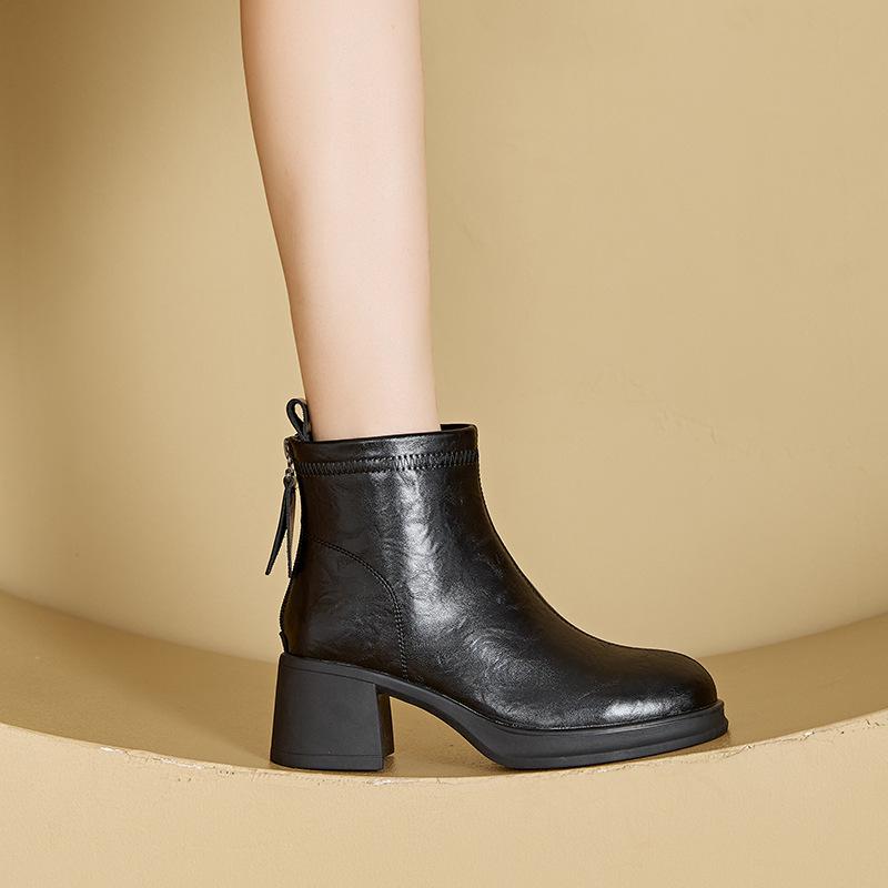 Fall/Winter Women's Thick-Soled Genuine Leather Skinny Boots, Korean-Style Back Zipper Martin Boots, Slip-On Casual Shoes