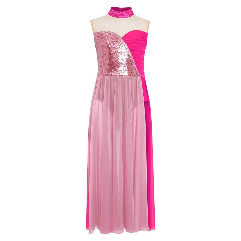 Girls Lyrical Performance Dress Sleeveless Sparkling Sequins Top And Color Block Side Split Skirt