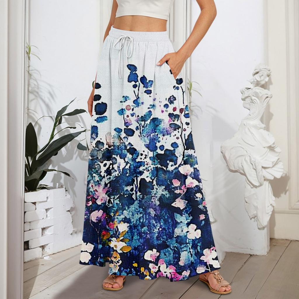 Women's Flowy Flared Ruffle Hem A Line Maxi Skirts Elastic Waist Elegant Tiered Layer Boho Long Skirts