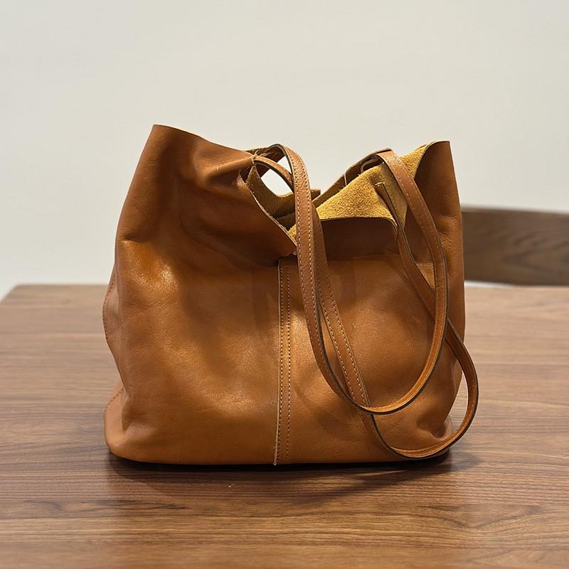 Johnature Ręcznie robiona torba typu tote na co dzień, wszechstronna torba na ramię do dojazdów, duża pojemność, torebka z prawdziwej skóry