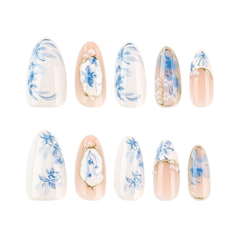 Lefan 3D Gold Tragen Nagelkunst Blau und Weiß Nagelkunst Nagelstück Blaue Blume Falsches Nagelstück Großhandel