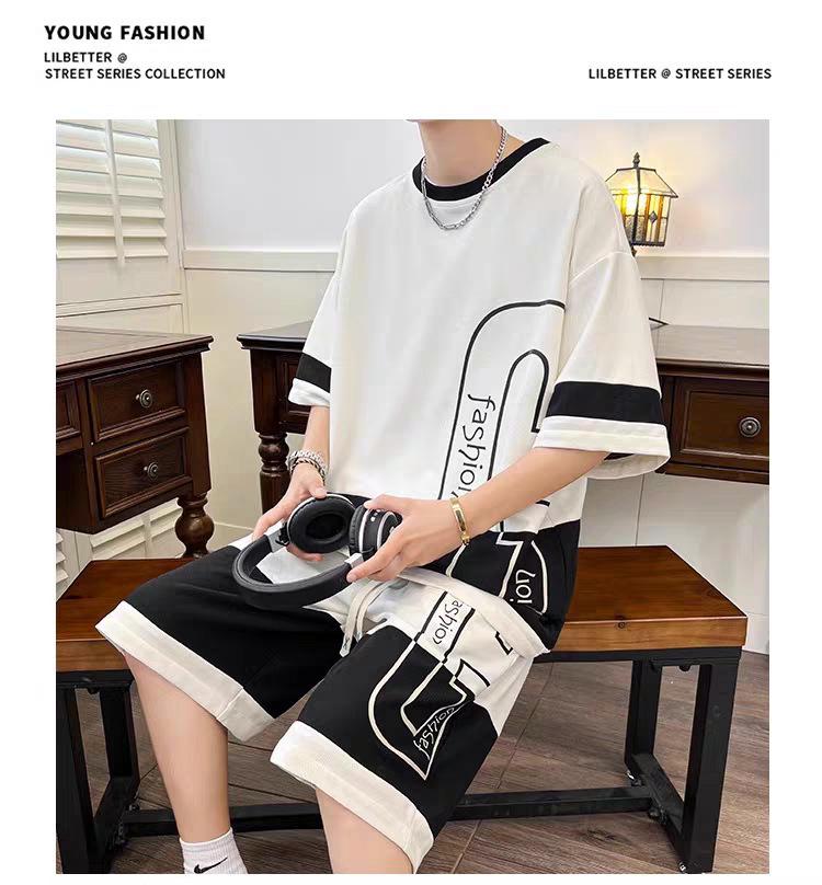 Teen Summer Cool Casual Two-Piece Set: Men’s Trendy Loose Short Sleeve T-Shirt + Shorts