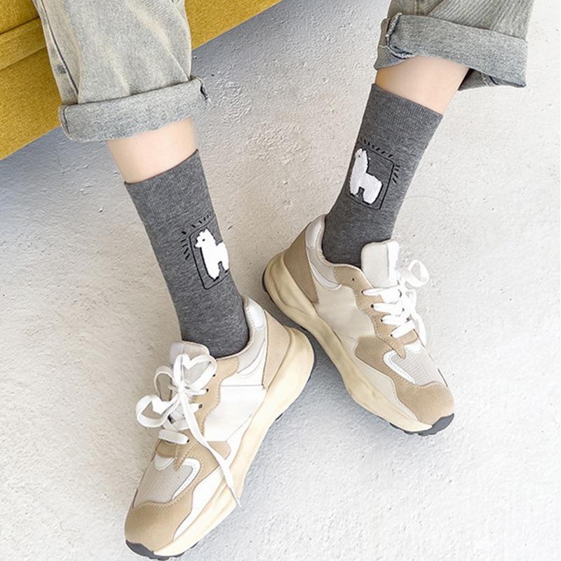 Socks women's spring and autumn tube socks cute cartoon black and white gray alpaca women's socks versatile college style stockings