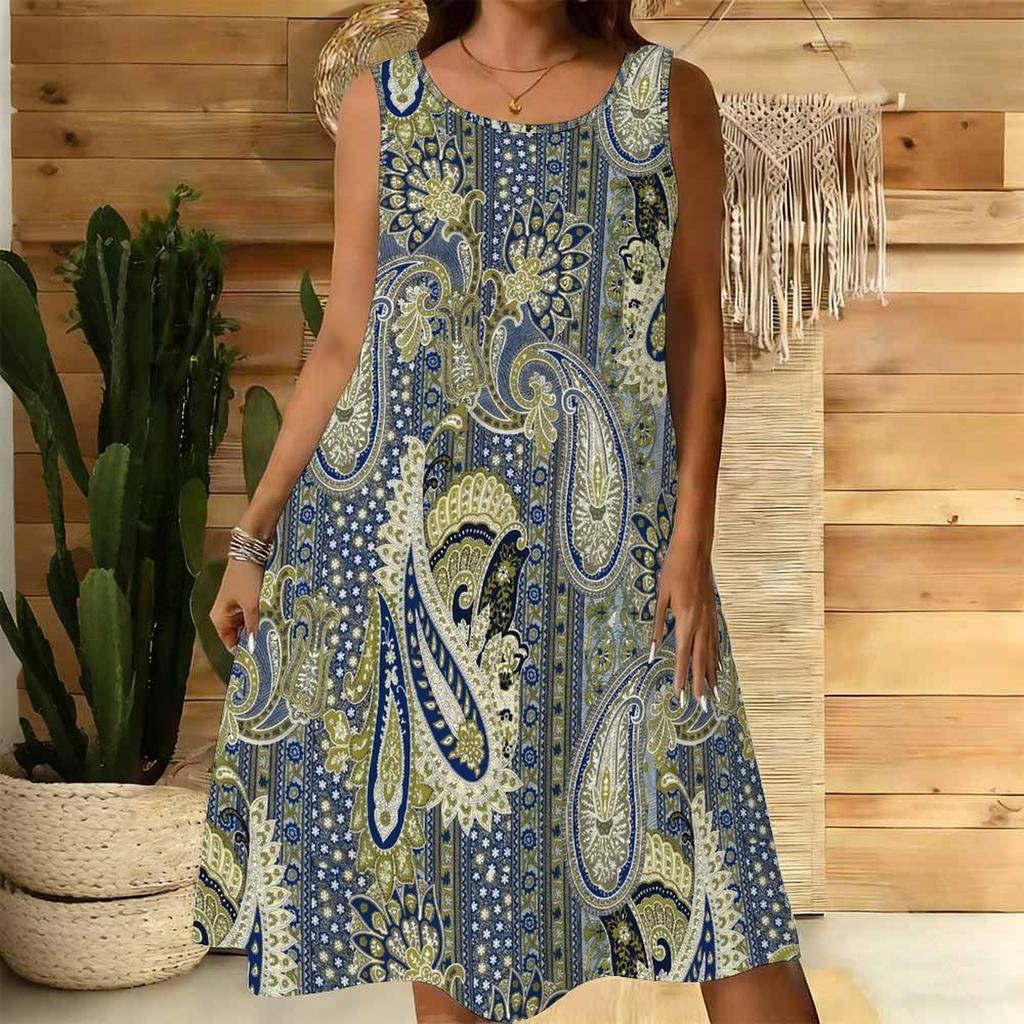 Women Plus Size Round Neck Sleeveless Short Dress Ethnic Paisley Floral Striped Print Lightweight Summer Loose Dress