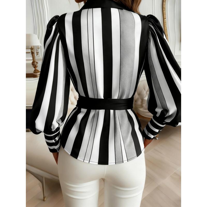 Spring and Autumn New Women's Tops with Bows Fashionable and Casual Long-sleeved Striped Shirts