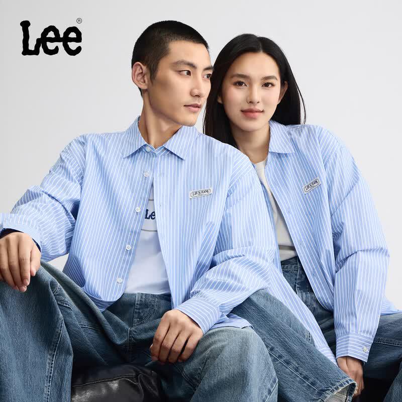 Lee Unisex Striped Lapel Long Sleeve Shirt M темно-синий