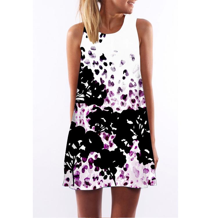 European Station European and American New Retro Digital Printing Round Neck Hot-selling Off-the-shoulder Medium and Long Vest Dress