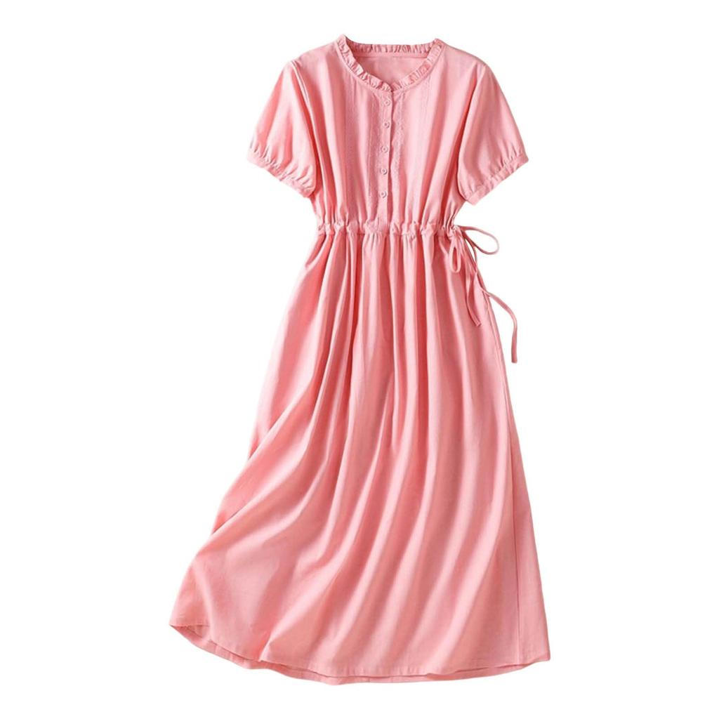 Women Casual Linen Cotton Dress Short Sleeve Shirt Dress with Button Front Waist Drawstring Midi Length Summer Dress