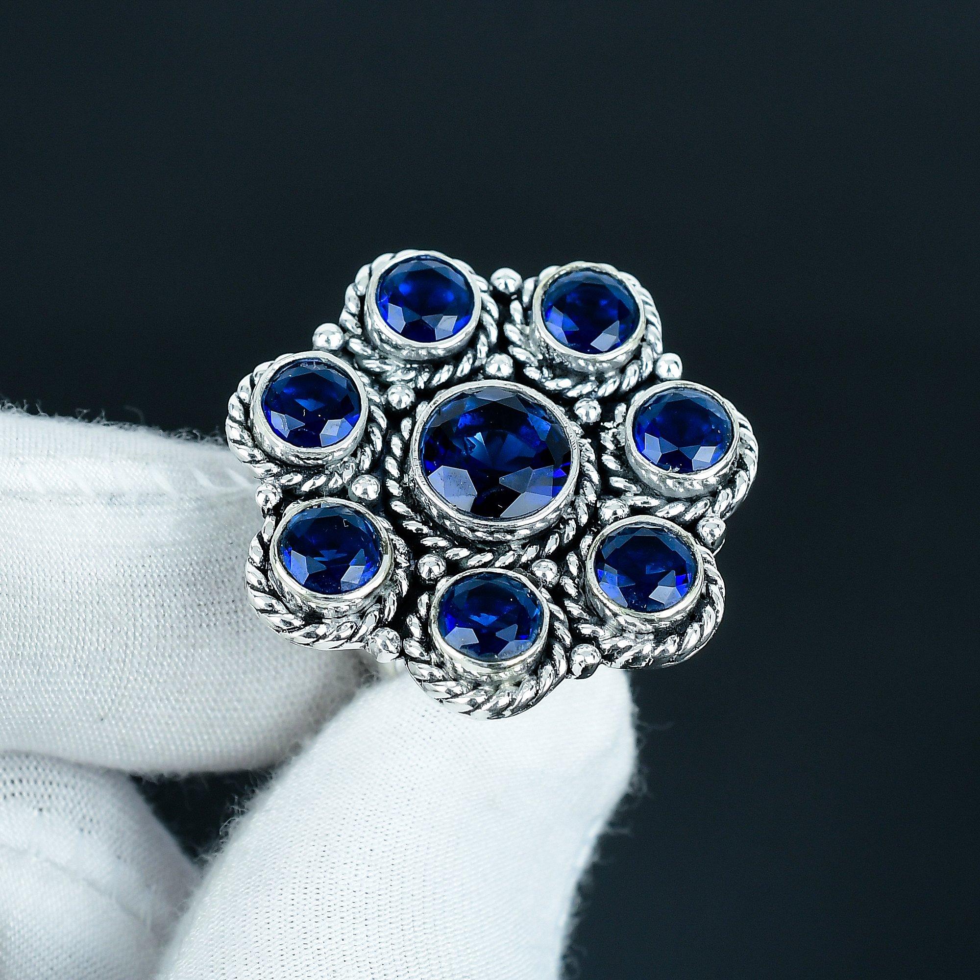 

Кольцо из стерлингового серебра 925 пробы ручной работы с сапфиром - Богемное ювелирное кольцо - Украшения бохо ручной работы для женщин и мужчин, Свадебные подарки US 12 синий