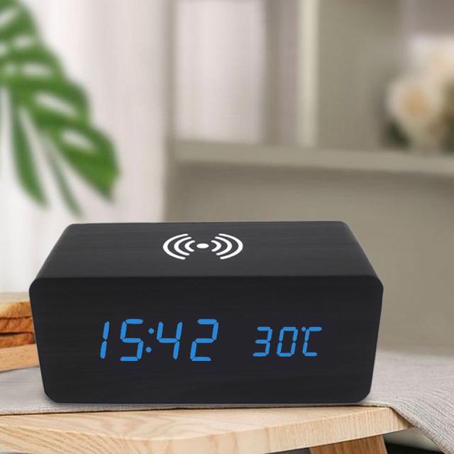 Wireless LED Wood Clock: Digital Alarm with Thermometer, Calendar & Charging Function