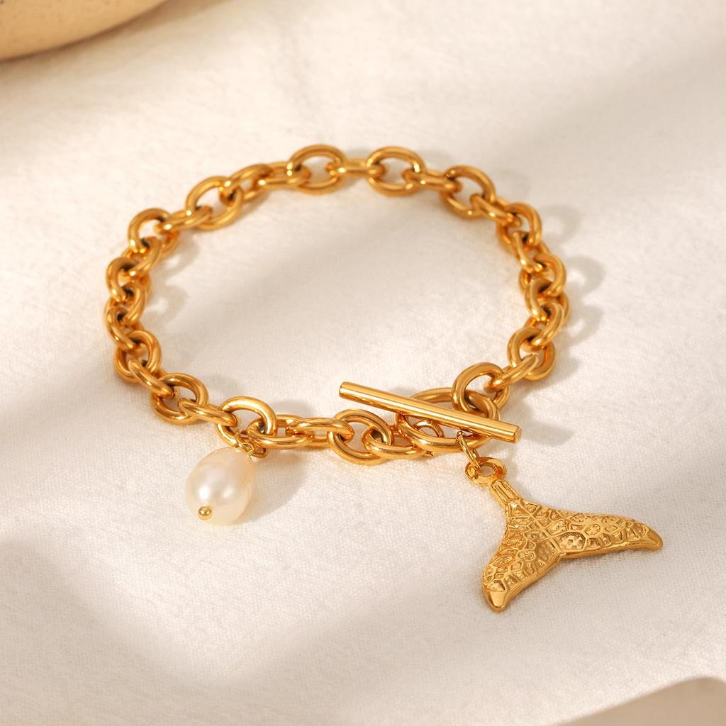 European & American INS Stainless Steel Fishtail Bracelet - Light Luxury Ocean Series with Pearls