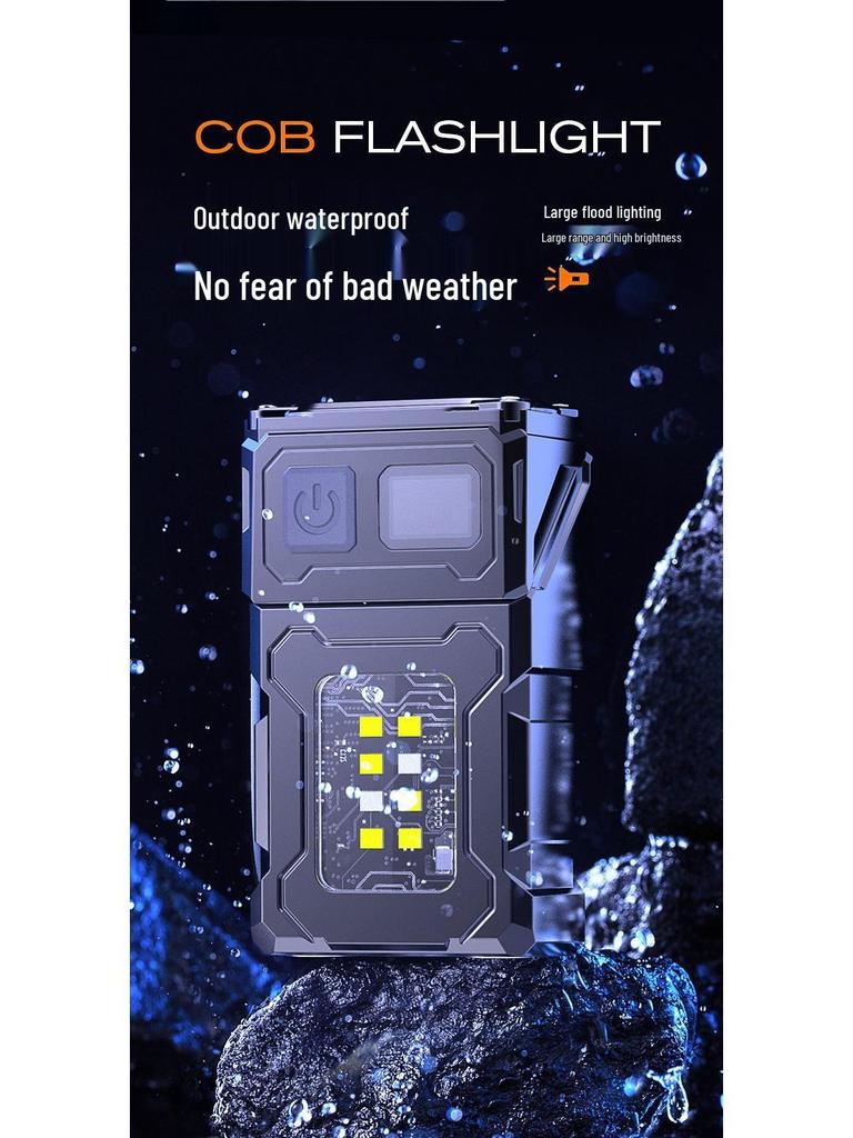 Portable Multi-Functional Rechargeable Flashlight with Rotating Head, Side Light, Red/Blue Burst Flash, and Magnetic Base for Outdoor Use.