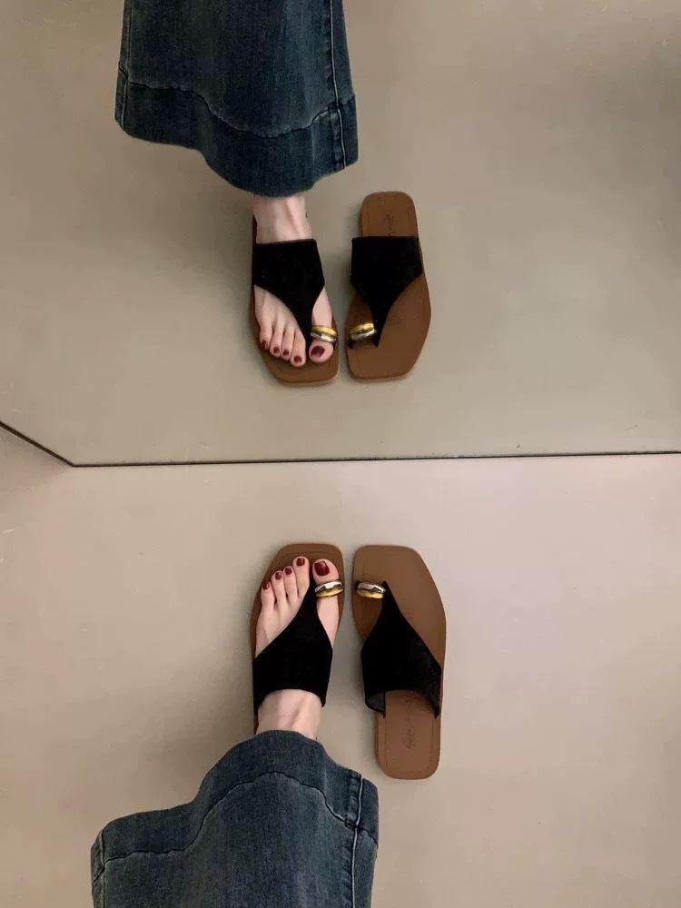 Sheepskin Version~ Retro Suede Metal Cover Toe Flip-flops Women's Outer Wear 2025 Summer Fashion Casual Flats