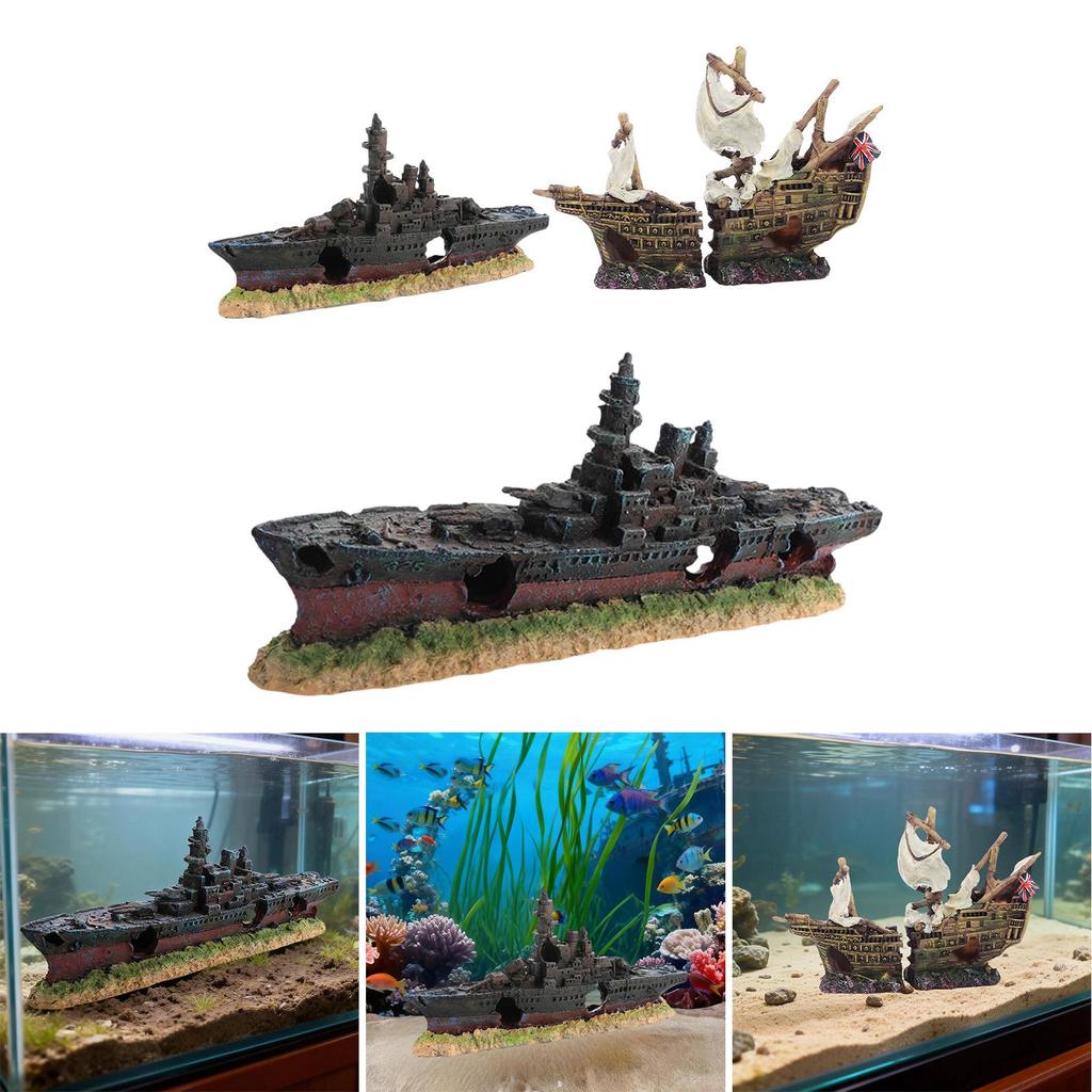 Resin Aquarium Hideout Sunken Ship Playground Ornament for Freshwater Saltwater Tanks and Reptile Habitat
