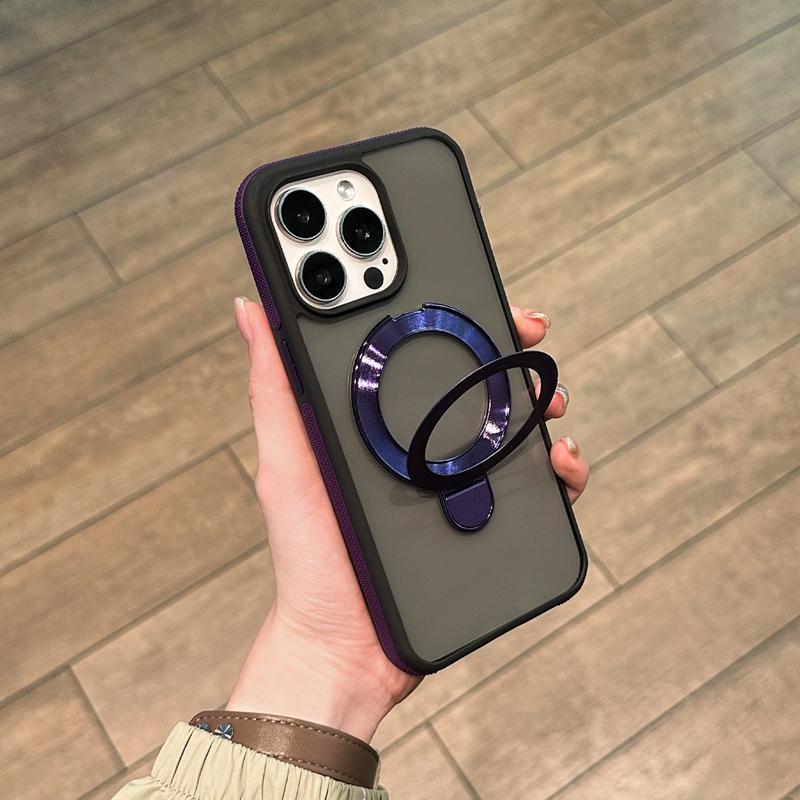 Luxury Color Blocking Ring Rotate Stand Magsafe Case For iPhone 16 15 14 Plus 13 12 11 pro Max Frosted Matte Magnetic Hold Cover