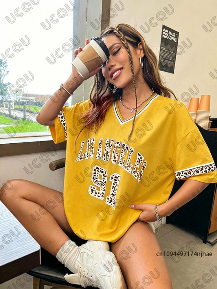 Sommer Neu Leopard Los Angeles 91 Print T-Shirt Für Damen V-Ausschnitt Kurzarm T-Shirts Sport Fußballtrikot Y2K Übergroße Oberteile
