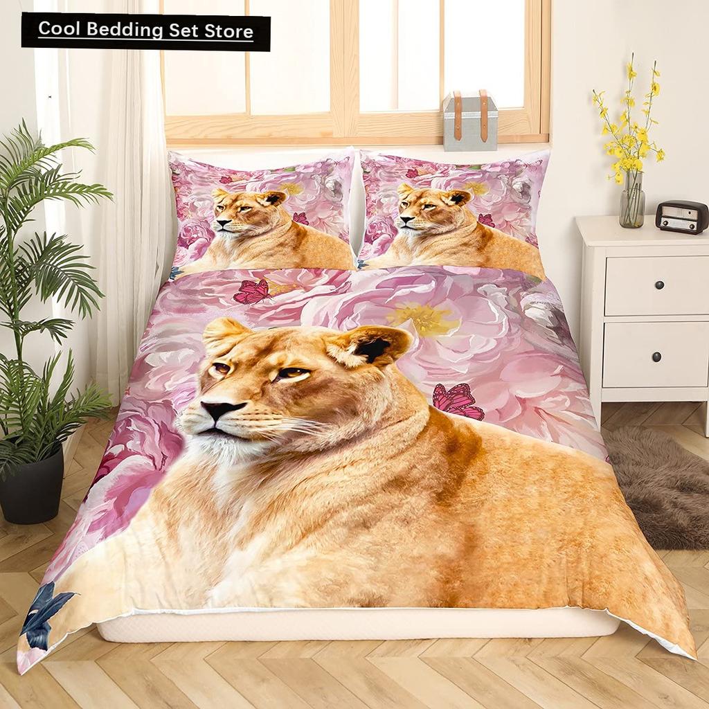 Rei Leão Rainha Capa de Edredom Conjunto de Cama Animal Relâmpago Leão Dourado 2/3 Peças Capa de Edredom Cinza Preto Dourado Poliéster Capa de Edredom