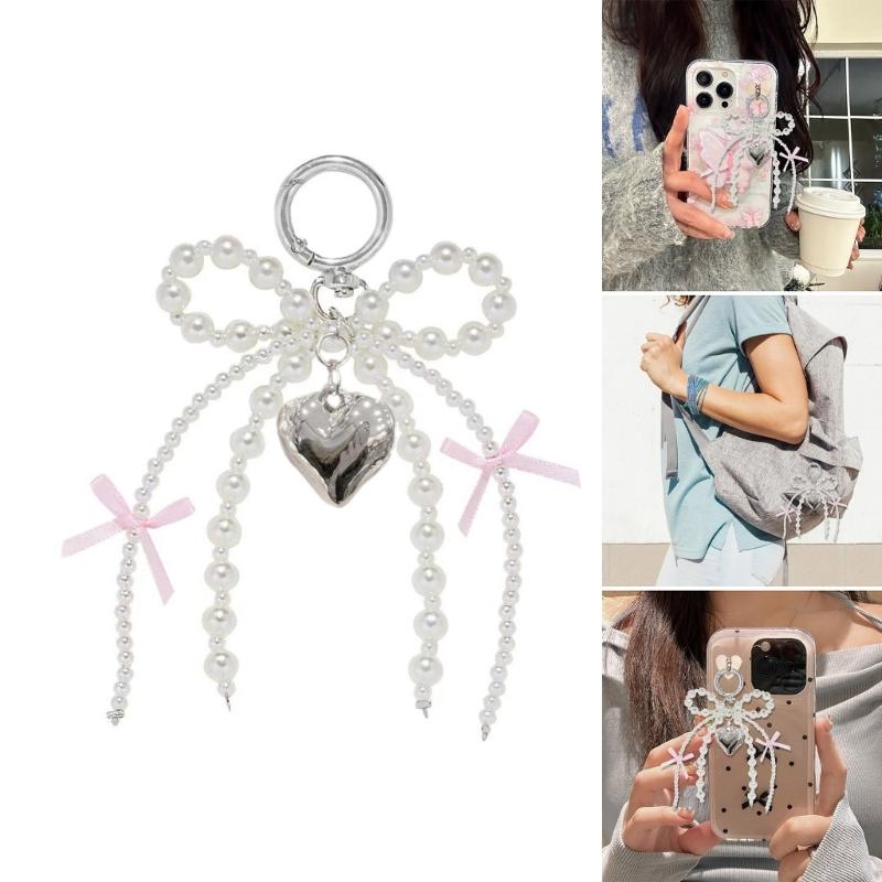 Elegant Pearls Bowknot Heart Charm Pendant Bag Decoration Bows Keychain Keyring Ornament Fashion Accessory For Women